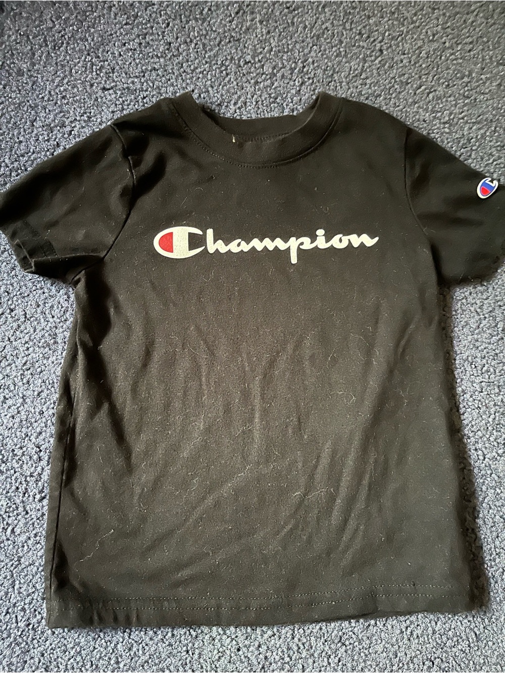 Champion Black Tee with White Script and Red Accent